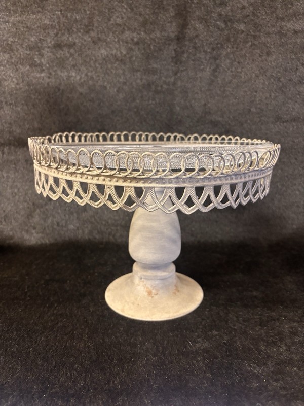 VINTAGE DESIGN METAL WIRE PEDESTAL CAKE STAND With GLASS PLATE 10.5” X 7 3/4” gallery
