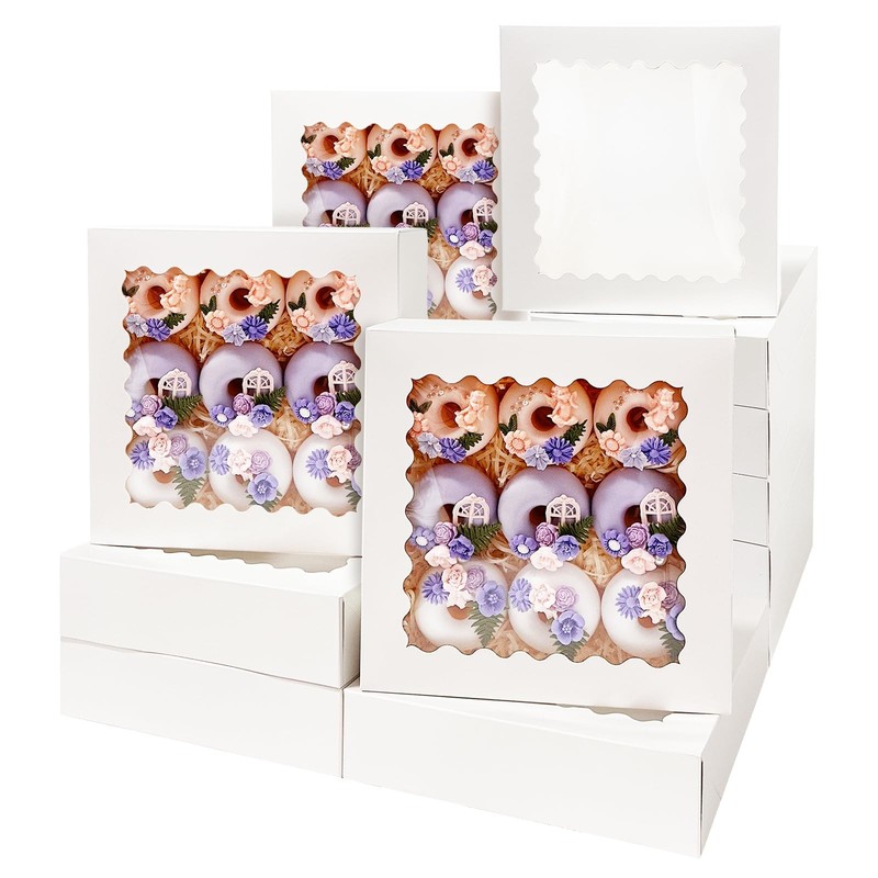 36 PCS White 10x10x2.5 Inch Bakery Boxes Window Auto Pop Up Macaroon Cookie