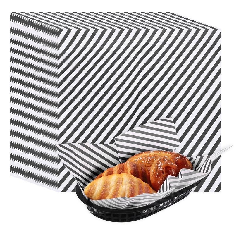 50pcs Twill Wax Paper Sheets with 5 Pcs Fast Food Baskets, Black
