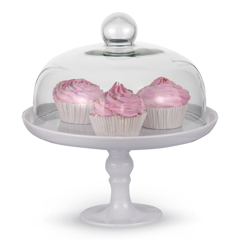 White Cake Stand and Clear Dome 9.8 Inches