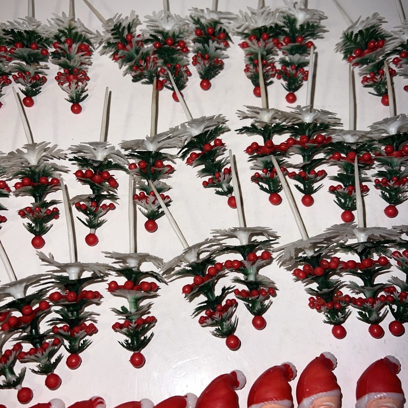 Vintage Christmas Cupcake Pick Lot Of 56! Baking Decorations Santa Claus & Trees gallery