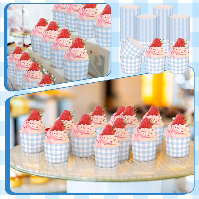 150 PCS Blue Gingham 5 oz Ice Cream Cups Scalloped Paper Cupcake Wrappers gallery