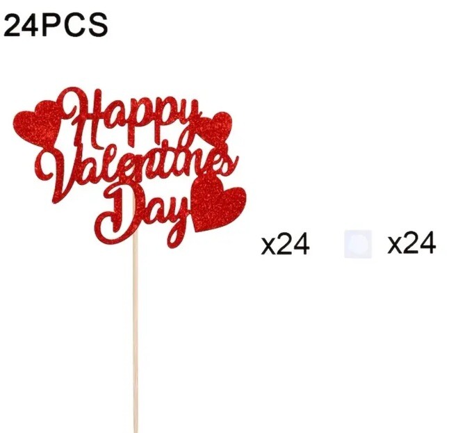24 Pack Happy Valentine's Day Cupcake Toppers Wooden Picks Red Glitter Heart New gallery