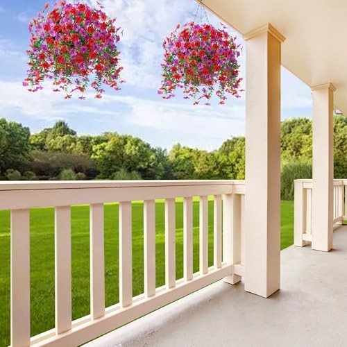 Artificial Fake Hanging Flowers Plants with Basket Spring Outdoor Red Purple gallery