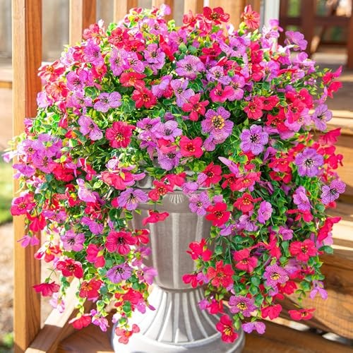 Artificial Faux Hanging Flowers Plants for Outdoor Decor, 2 PCS Purplehotpink