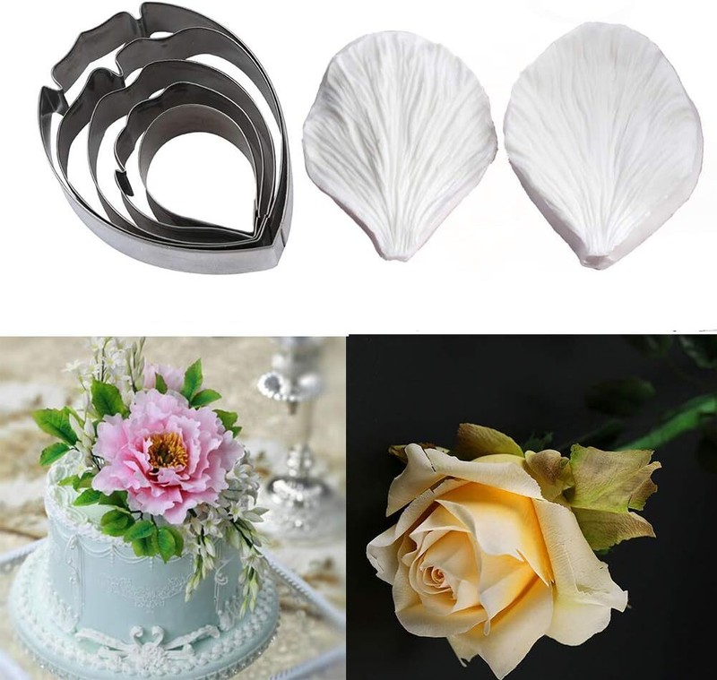KALAIEN 5pcs Stainless Steel Peony Cutter 2pcs Fondant Silicone Set gallery
