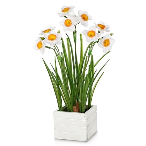 White Daffodils Artificial Flowers In Wood Planter #3 White in Wood Planter