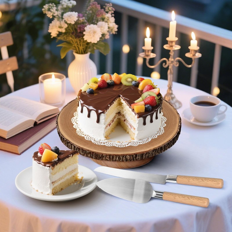 Rotating Cake Stand 12" Wood Cake Stand with Cake Cutting Set,Rustic Wooden C... gallery