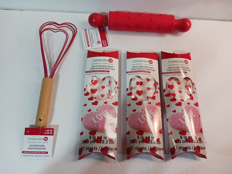 Flat Whisk Valentine’s Day w/Heart Embossed Rolling Pin & 3 Pk Parchment Paper