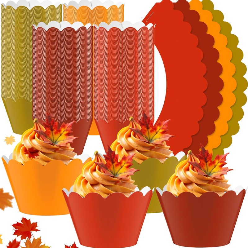 100 Pcs Fall Cupcake Wrappers Rustic Liners Thanksgiving Baking Cups Autumn