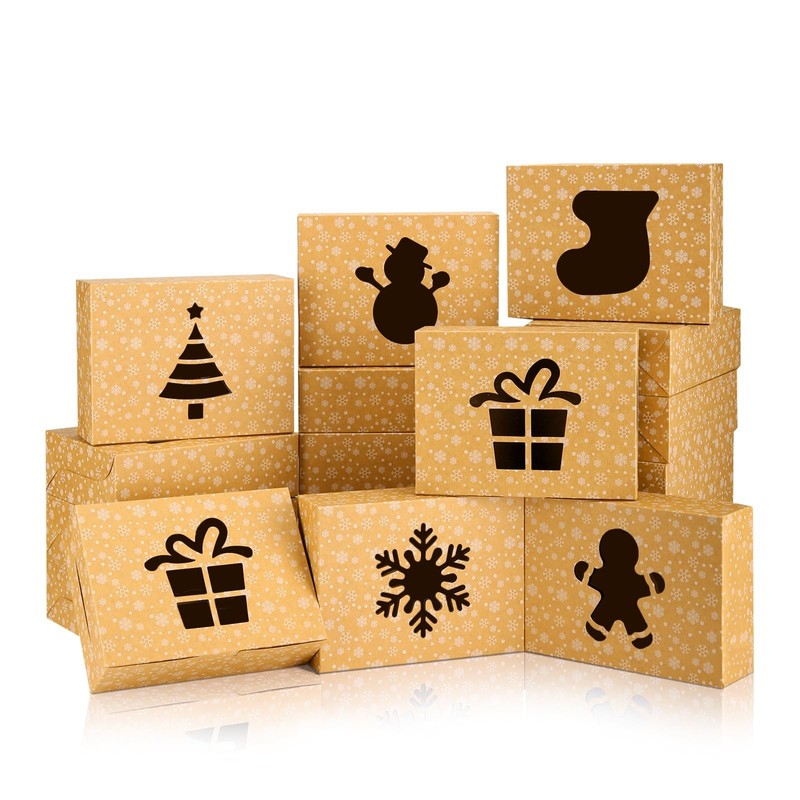 24 PCS 8x6x2.5 Inch Brown Christmas Cookie Box Window Cake Pastry Gift
