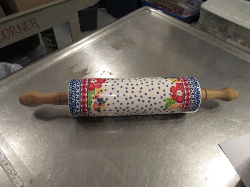 Vtg Pioneer Woman Dazzling Dahlias Retired Ceramic Roling Pin Acacia Wood Handle gallery