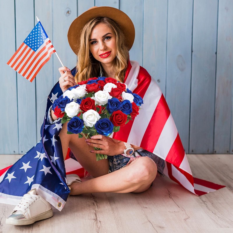 Hananona 50 Pcs Artificial Roses in Bulk, 8 x 5 x 14 inches, Red, White, Blue gallery