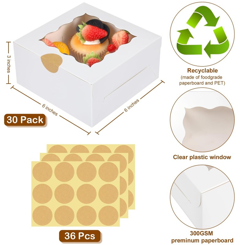 30 Pack White Bakery Boxes with Window 6x6x3 Inches Treat Cookie Boxes gallery