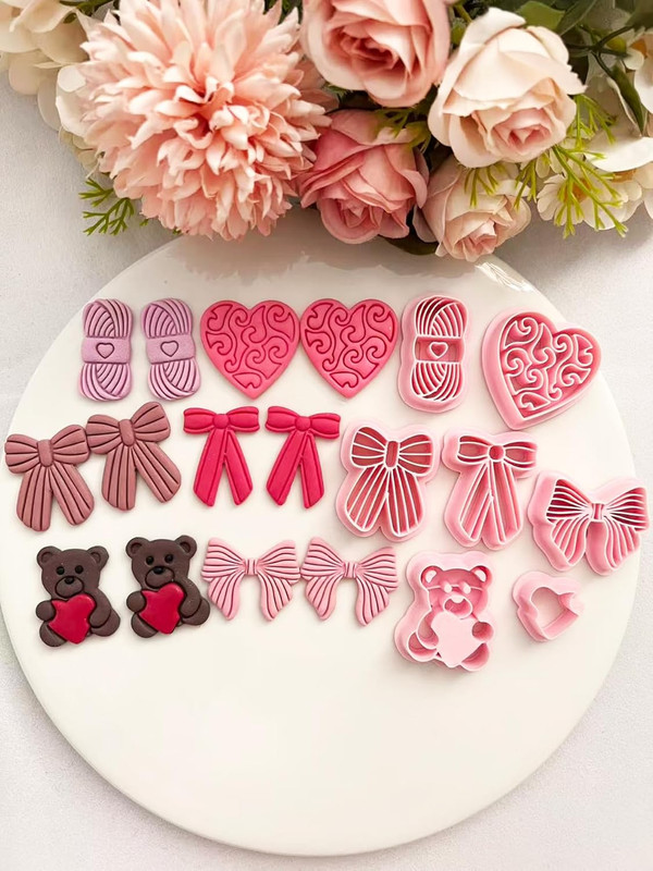 Valentines Polymer Clay Cutters Set- 7Pcs Heart & Love Bow, Bear, Mini Embossed gallery