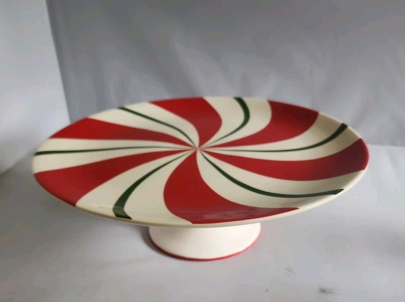 Pier 1 Imports Candy Cane Cake Stand Ceramic Christmas Serving Pie Plate 12" gallery