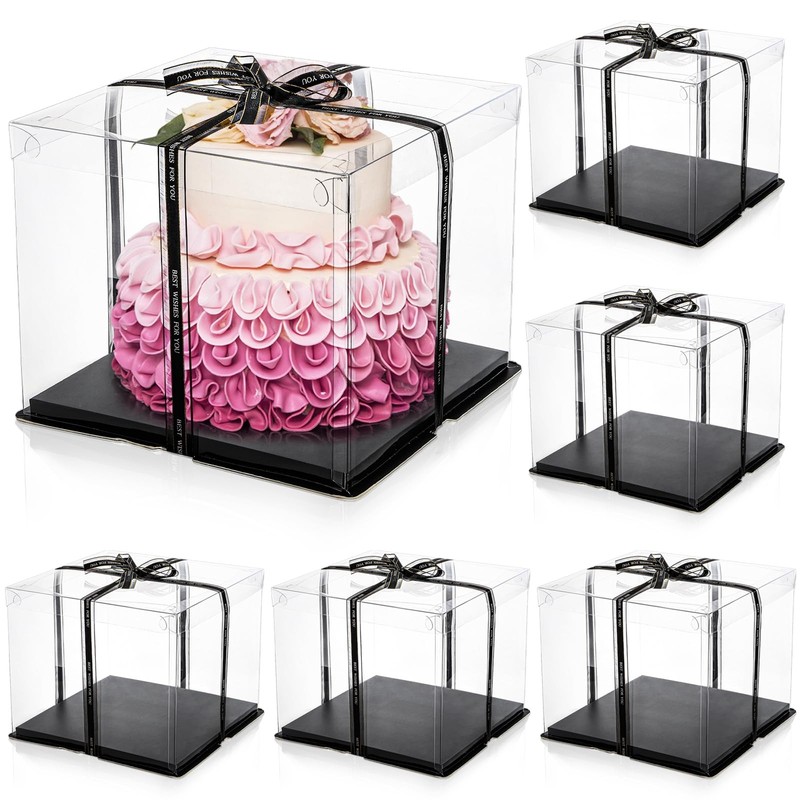 6 Pack Large Clear Cake Box with Ribbon, Tall Cake Box Carrier 12x12x10 Inch,…