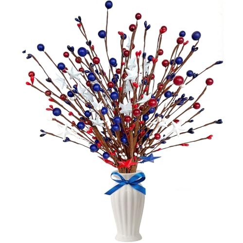 6 Pack Patriotic Artificial Berry Stem Picks, Red White Blue Stars Stems for