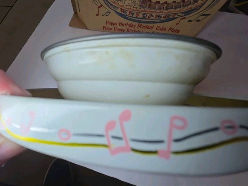 vintage Musical Cake Plate Fabcraft tin litho original box works Happy Birthday gallery