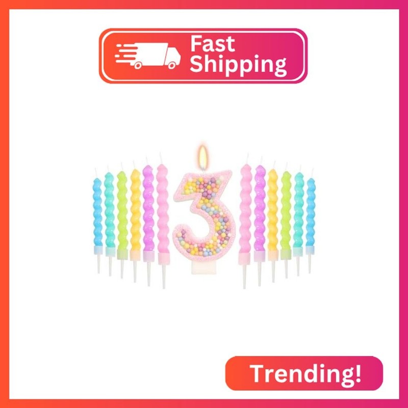 FAMGift Number 3 Birthday Candle with 12 Pcs Spiral Candles, Colorful Macaron Ca