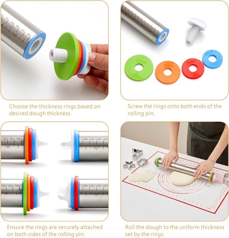 Rolling Pin with Thickness Rings, Fulimax 17" Adjustable Stainless Steel Rolling gallery