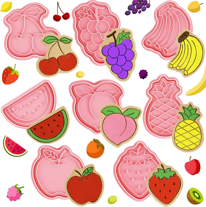 Rozer 8 Pcs Fruit Cookie Cutters with Plunger Stamps Set Christmas Fondant Cutte