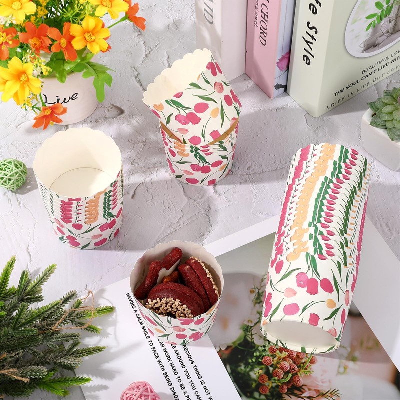 100 PCS HandPainted Spring Tulip Scalloped Pink Floral Cupcake Wrappers gallery