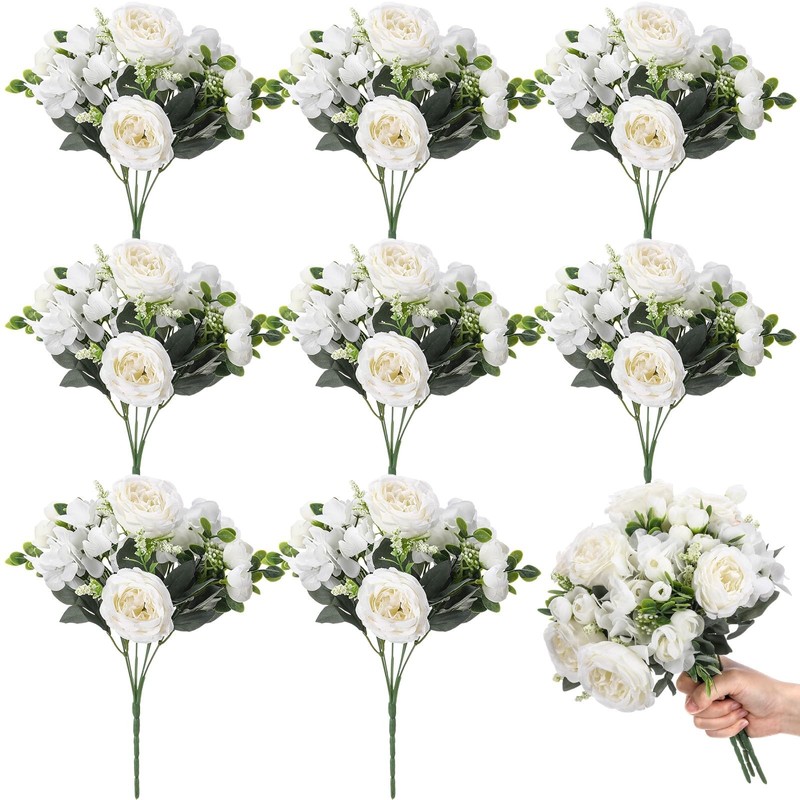 Yunsailing 8 Packs Artificial Peony Flowers Faux Silk Hydrangea Bouquet Vintage