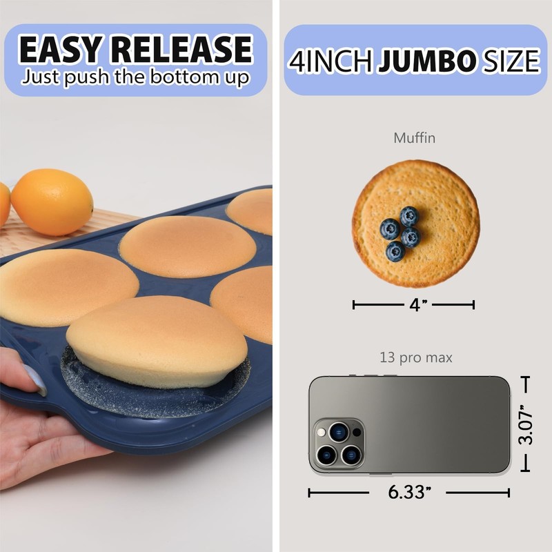 Vnray 4 Inch Jumbo Silicone Muffin Top Pan with Metal Frame, 6 Cup Size, Gray gallery