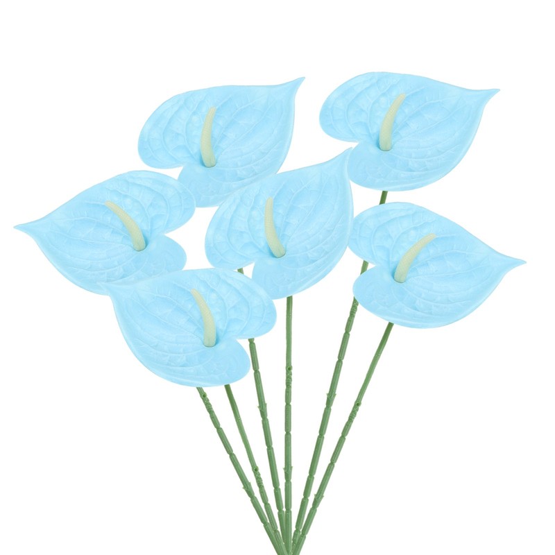 6Pcs 13″ Artificial Anthurium Lily Flowers Floral Bouquet Decor, Sky Blue