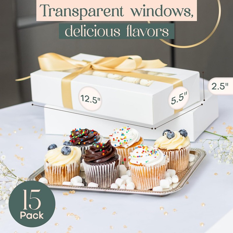 MT Products 12.5" x 5.5" x 2.25" White Bakery Boxes with Window - Pack of 15 gallery