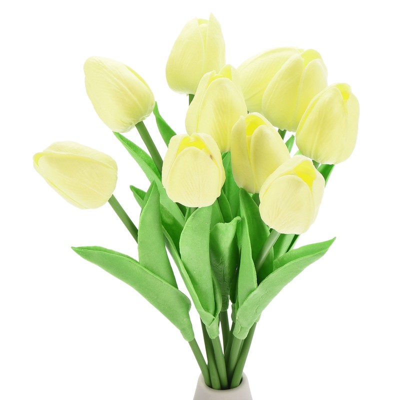 10pcs Tulips Artificial Flowers, Fake Tulip Stems Real Touch (Pale Yellow)