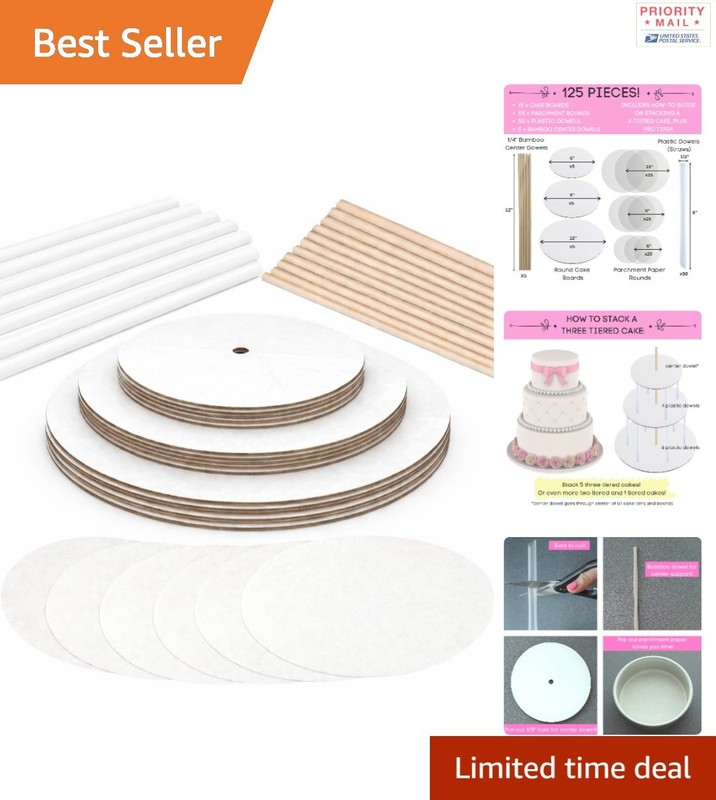 Cake Decorating Supplies Set with 125 Pieces Cake Boards Parchment Straws Dowels