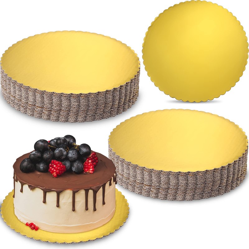 50 Pack 10 Inch Gold Round Cardboard Cake Pans Scalloped Edge for Pizza Desserts