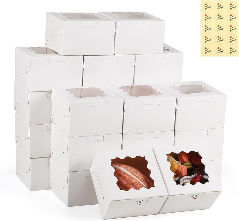 20 Pack Cookie Boxes with Window, 4x4x2.5 Inch White Bakery Box, Kraft Paper