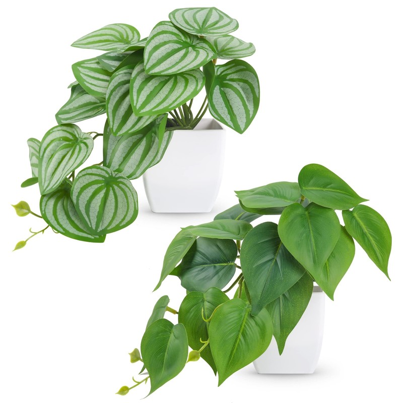 Der Rose 2Pcs Small Fake Plants Artificial Mini Faux 5.9″ Tall, White