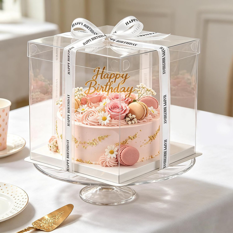 6 Pack Clear Cake Box with Ribbon - 10 X 10 X 9.75 Inch Tall PET Cake Carrier Bo gallery