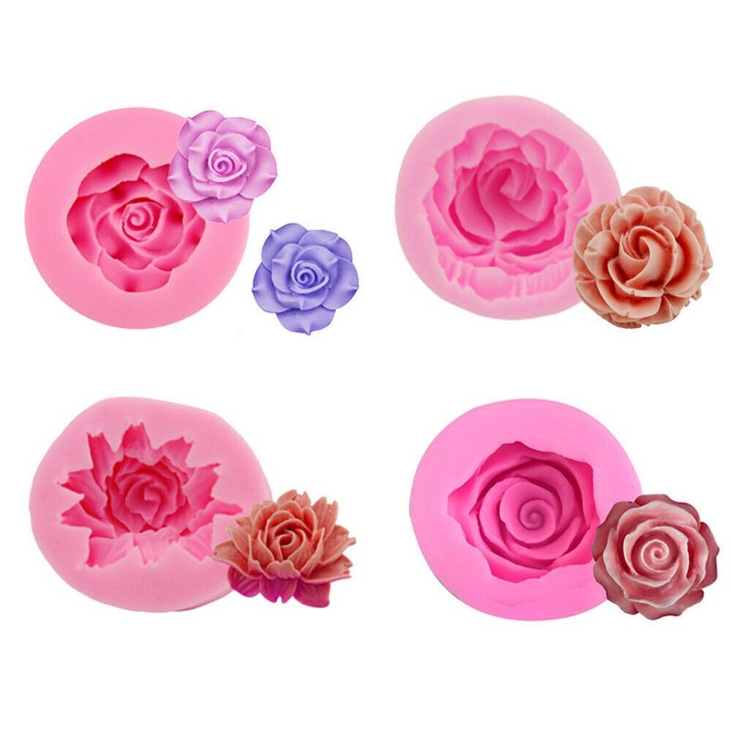 4Pcs 3D Rose Flower Silicone Fondant Cake Mold Chocolate Candy Baking Mould Tool