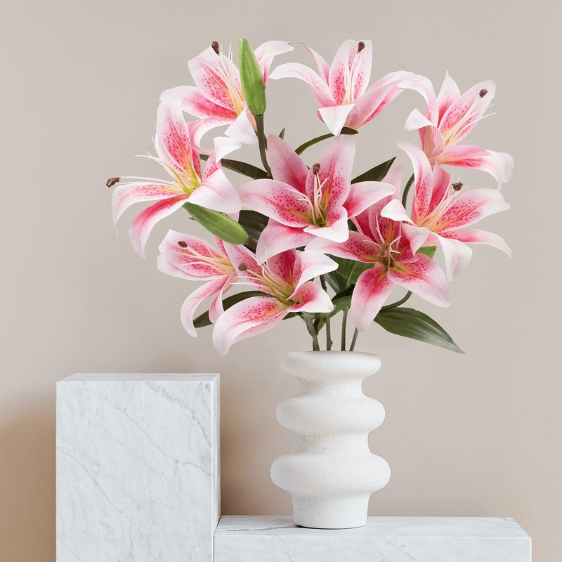 SNAIL GARDEN 12 Artifical Lily Flowers with 9 Heads 20 inches, Pink & White gallery