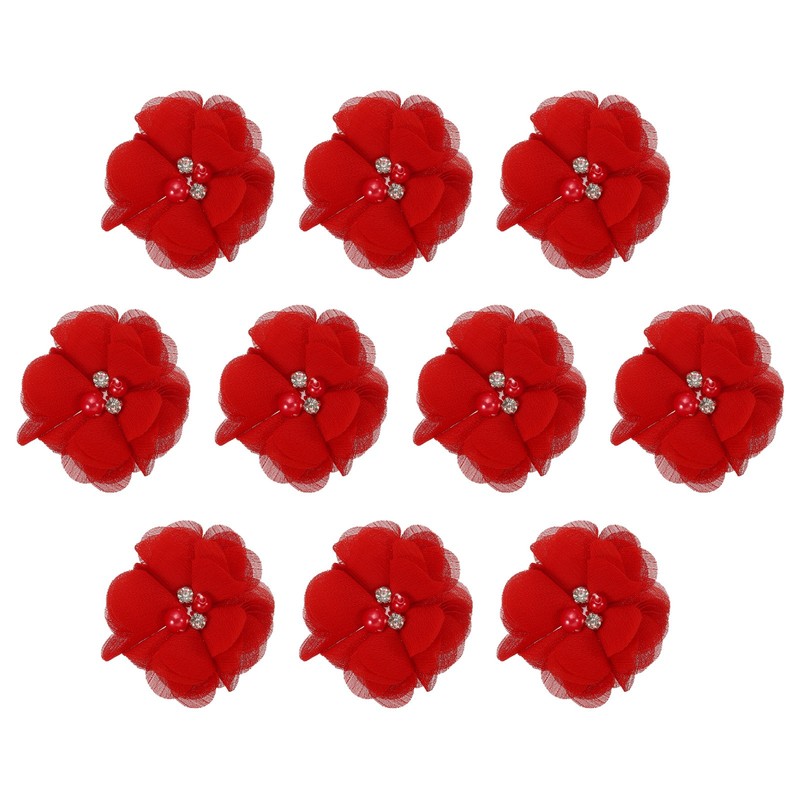 10Pcs 2″ Chiffon Flowers with Rhinestone Pearl Appliques Decorate Dark Red