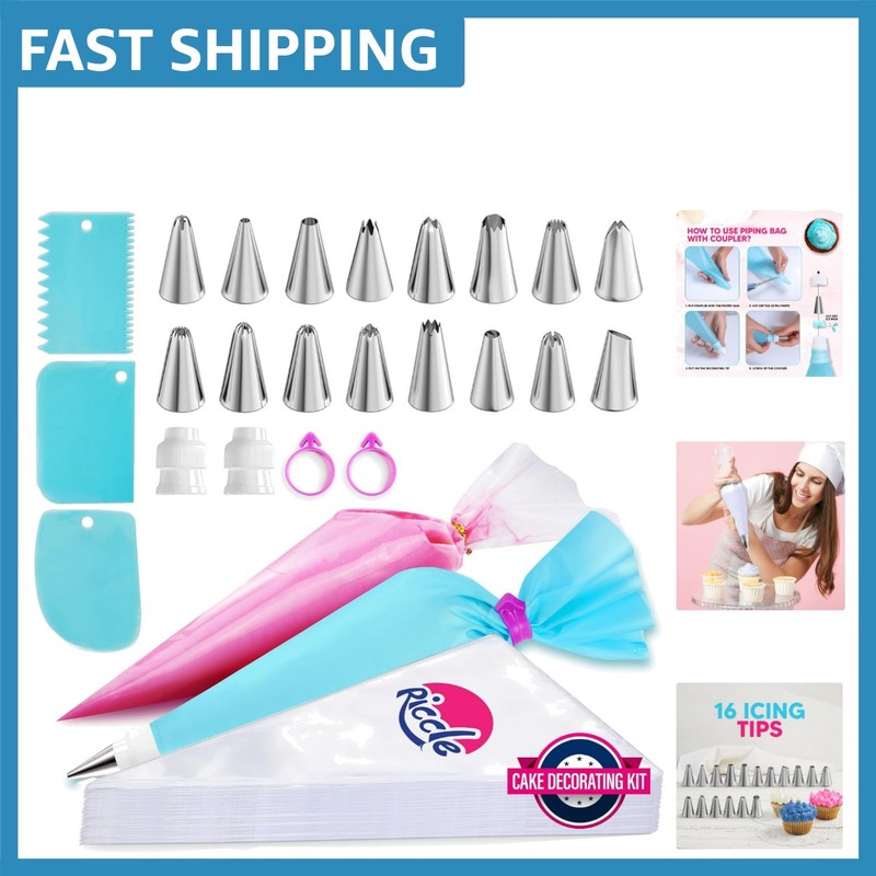 124 Pcs Cake Decorating Set with 100 Anti Burst Piping Bags & 16 Tips