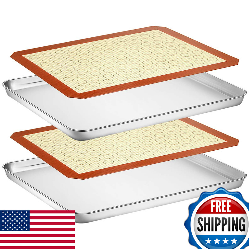 Wildone Baking Sheet Silicone Mat Set Stainless Steel Cookie Pan Baking Mat