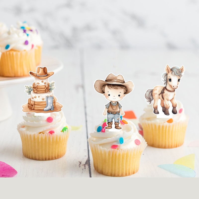 Cute Cowboy Rodeo Pre-cut Edible Stand-Up Wafer Card Cupcake Toppers