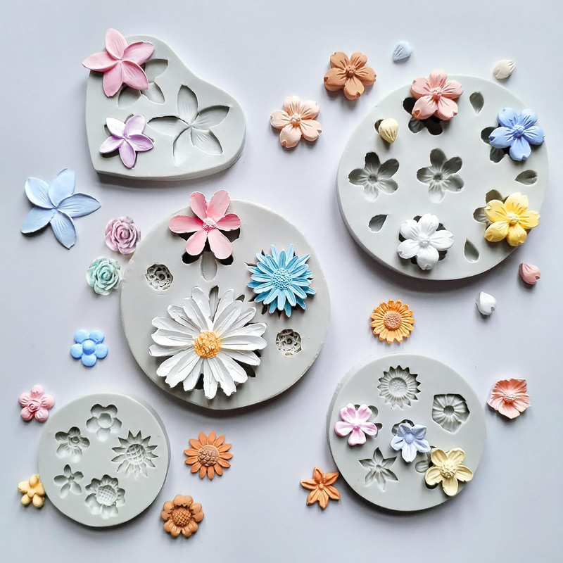 5PCS Flower Silicone Molds, Daisy Flower Fondant Chocolate Jelly Cake Decoration
