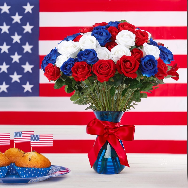 Hananona 50 Pcs Artificial Roses in Bulk, 8 x 5 x 14 inches, Red, White, Blue gallery