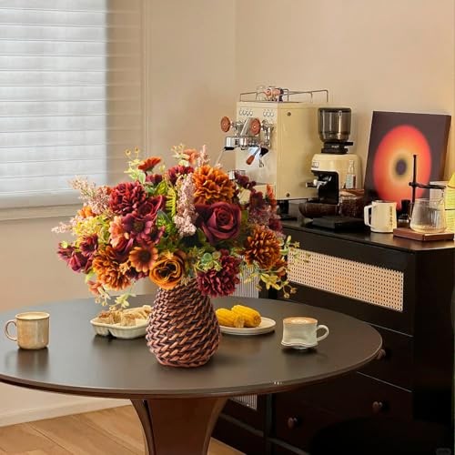 Artificial Faux Flowers in Vase, Fake Silk Floral Arrangements Rose Brown gallery