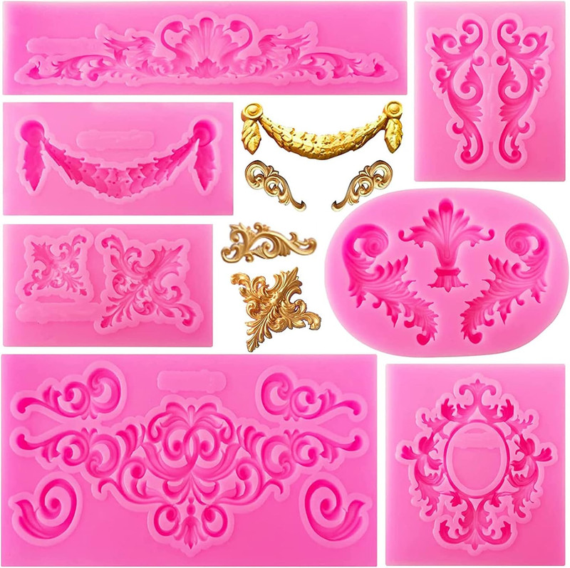 7Pcs Baroque Style Curlicues Scroll Lace Silicone Fondant Molds, Relief Flower M