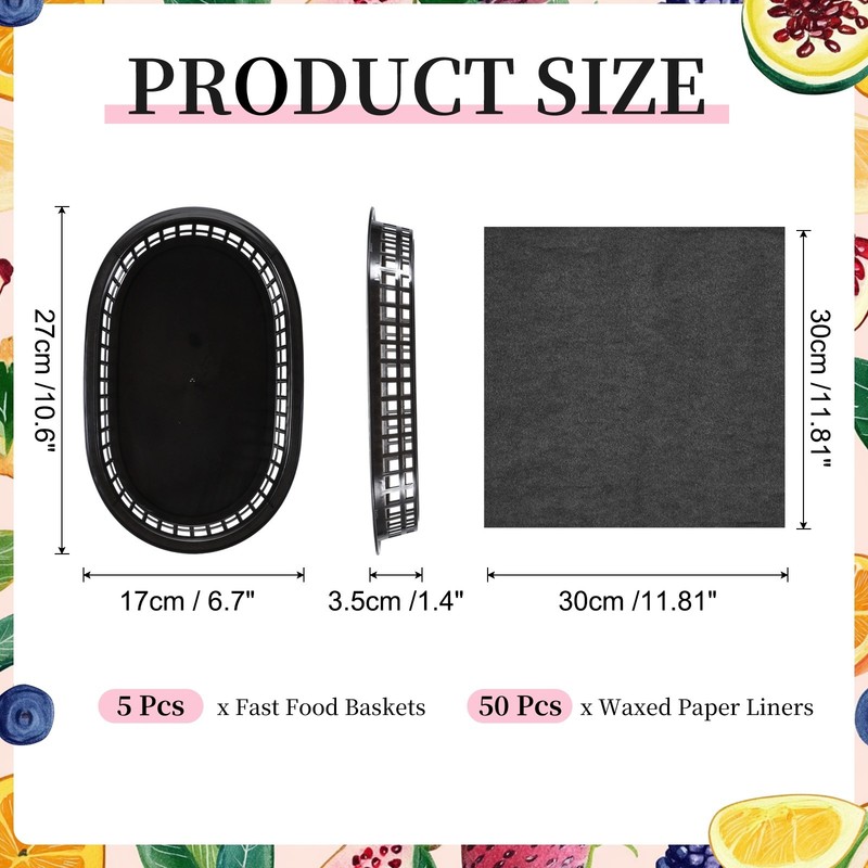 50pcs Solid Color Wax Paper Sheets with 5 Pcs Fast Food Baskets, Black gallery