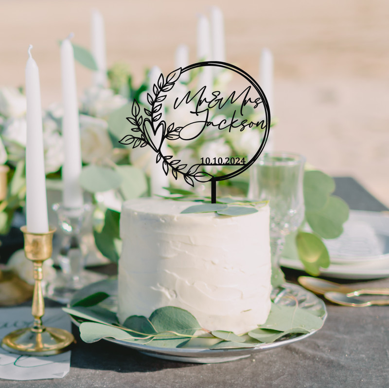 Minimalist Chic Script Wedding Cake Topper, Acrylic Cake Topper w/ Rustic Wreath