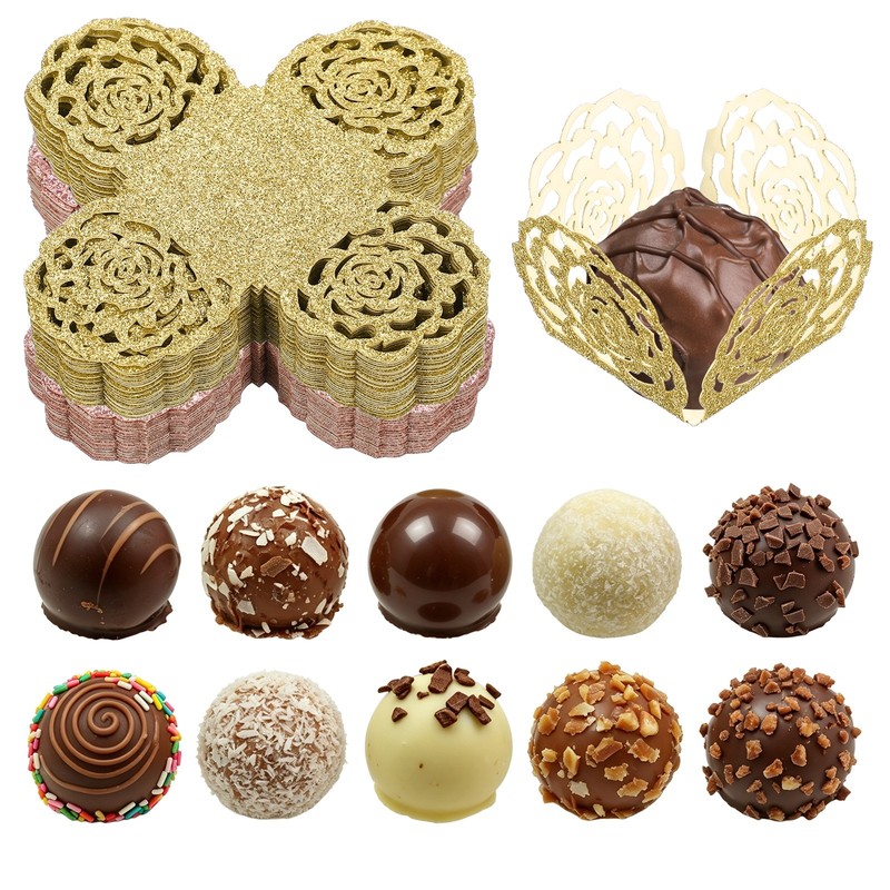 50Pcs 1.4×1.4″ Pink Glitter Truffle Wrapper, for Pink/Red Decoration